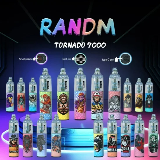 Randm Tornado 6000 7000 7800 8000 9000 10000 퍼프 저렴한 도매 깜박이는 RGB LED 일회용 Vape E 담배